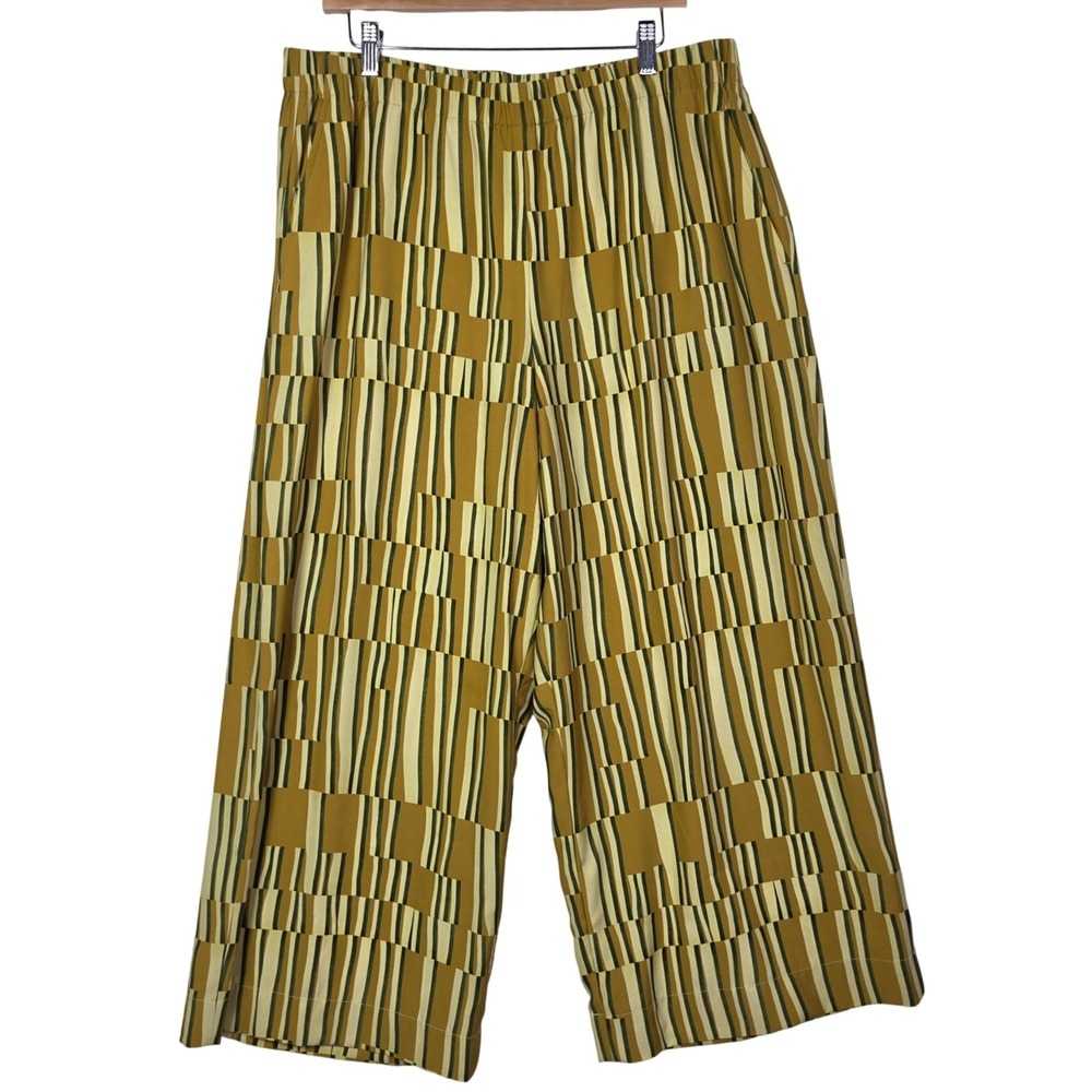 Lafayette 148 New York Women's Wide Leg Pants XL Yellow Geometric Stripe Pull On